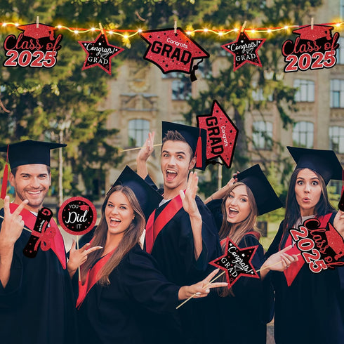 Graduation Decorations Class of 2025-36pcs Red and Black Graduation Table Centerpieces Sticks Table Toppers with Lights for College High School Co...