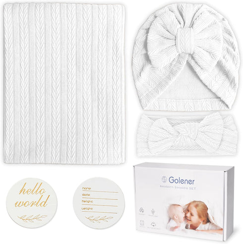 Muslin Blanket,Baby Swaddle Set Newborn - Receiving Headband Blankets and Bow Hat,Newborn Essentials, Soft Nursery Swaddling Blankets?Stretchy Bab...
