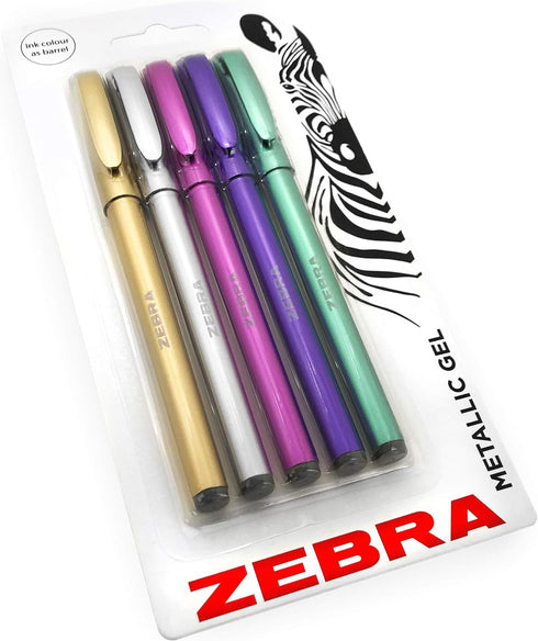 Zebra ZGE Gel Ink Stick Pens - Metallic Barrel - 0.7mm - Pack of 5 Assorted Colours...