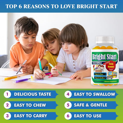 BrightStart Brain Focus Vitamins for Kids & Teens, Attentive Child Supplement Omega 3 for Kids, Focus Booster Nootropic Supplement Support Attenti...