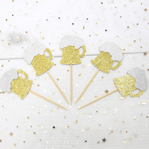 24 PCS Gold Glitter Beer Mug Cupcake Toppers Food Cake Picks Party Decor...