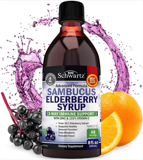 Elderberry Syrup for Kids and Adults - Natural Immune Support with Zinc and Vitamin C Plus 10x Concentrated Sambucus Elderberries - Blueberry Panc...