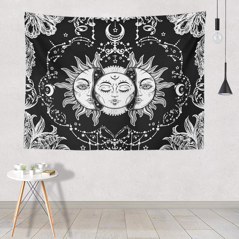 Ftuency Sun and Moon Tapestry, Black and White Tapestries Mystic Burning Sun with Star Wall Hanging decor for Bedroom (59" W x 51" L)...