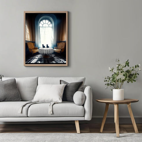Posterizer 1 pcs-mysterious gothic house-black cats sitting on the table 2-Art for Animal Lovers-Gothic Art-Living Room Bedroom Decor- unframed wa...