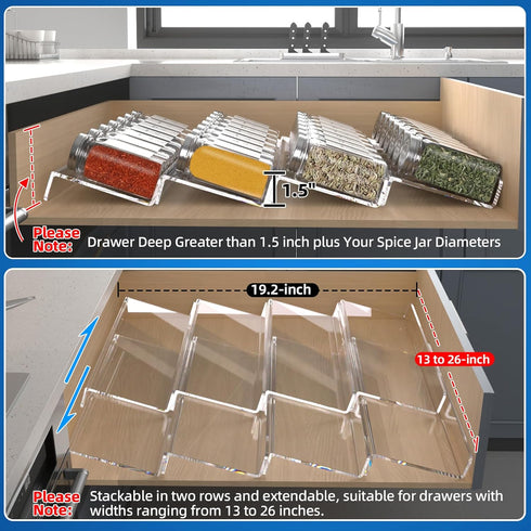 Clear Acrylic Spice Drawer Organizer, 4 Tier- 2 Set Expandable From 13" to 26" Seasoning Jars Drawers Insert, Kitchen Spice Rack Tray for Drawer/C...