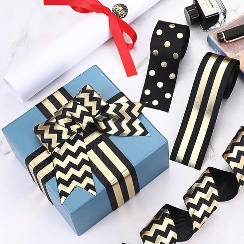 WILLBOND 3 Rolls 1-1/2 Inch Graduation Striped Ribbons Grosgrain Ribbons Dot Fabric Ribbon DIY Craft for School Graduation Gifts Wrapping Headband...