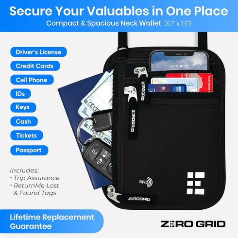 Neck Wallet for Travel & Passport Holder with RFID Blocking - Slim & Easy to Conceal Nylon Travel Pouch for men & women - Holds Phone, Cash, Cards...
