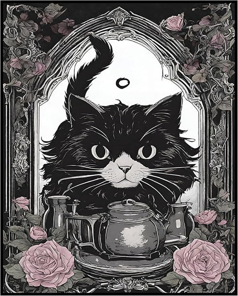 Posterizer 1 pcs- gothic themed rose frame and black cat-Gothic Art-Art for Animal Lovers- Living Room Bedroom Decor- unframed wall art...