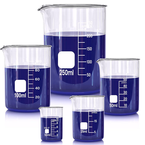 Glass Beakers Set, 5 Sizes - 10ml, 25ml, 50ml, 100ml, 250ml, 3.3 Borosilicate Beaker for Laboratories, Classrooms or Home, Griffin Low Form Lab Be...