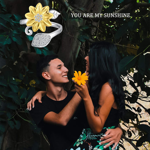BEILIN Sunflower Ring for Women You are My Sunshine 925 Sterling Silver Adjustable Promise Rings for Daughter Wife Mom...