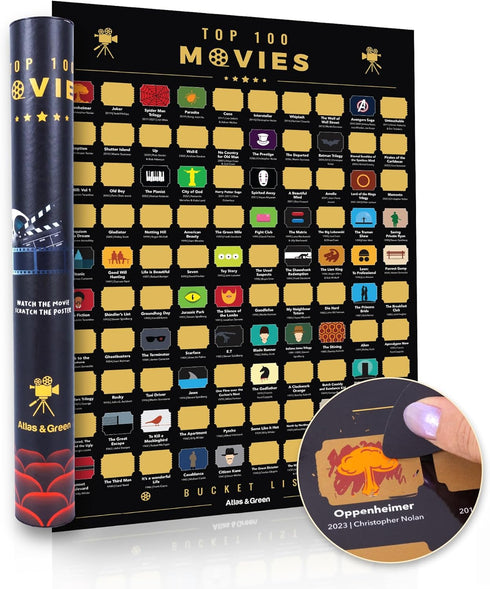 Atlas & Green Top 100 Movies Poster. Top 100 Scratch Off Movie Poster Up to Date with 2024 Blockbusters. Top Imdb + Bonus Accessories: Gift Tube M...