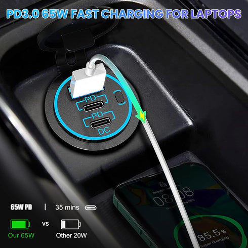 12V USB C Outlet, Two USB-C PD 20W Power Socket and 18W QC3.0 Socket Waterproof Power Outlet 12V/24V with Power Switch for Car Golf Cart Boat Mari...