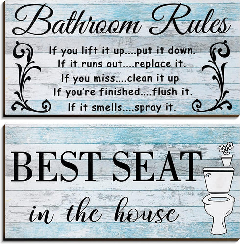 Jetec 2 Pieces Funny Bathroom Pictures Wall Sign Decor Farmhouse Bathroom Rule Wall Art Toilet Rustic Decoration Best Seat Wooden Sign(Fresh Style...