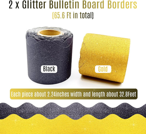 65.6 Ft Bulletin Board Borders Shine Scalloped Bulletin Border Trim Glitter Gold Black Shiny Decorative Poster Borders Strips for Classroom School...