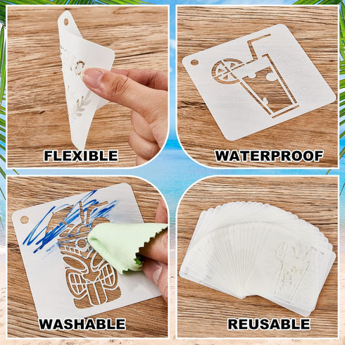 80 Pieces 3 x 3 Inch Summer Hawaii Themed Reusable Plastic Art Craft Kits for DIY Painting Art Projects Wood Wall Floor Fabric Furniture Tile Holi...