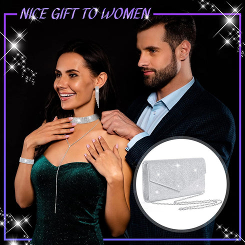 Meanplan 4 Pcs Silver Clutch Purse Jewelry Set for Women Evening Rhinestone Purse Silver Accessories for Women Bride Wedding Jewelry...