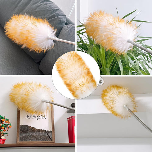 Natural Feathers Duster,Lambswool Duster with Solid Wooden Long Handle and Stainless Steel Extension Pole Up to 87.8" for Cleaning High Ceiling Fa...