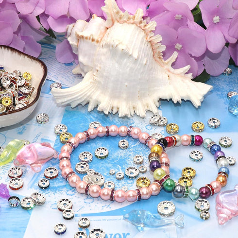 Guoxin 100Pcs Rondelle Spacer Beads Round Crystal Charms Czech Rhinestone Silver Plated Spacer Loose Beads for DIY Bracelet Necklace Jewelry Makin...