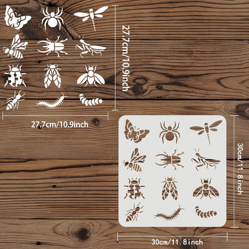 FINGERINSPIRE Butterfly Dragonfly Stencil 11.8x11.8 inch, Bee Ant Spider Worm Cockroach 12 Patterns Animal Stencil, Reusable Large Stencils for Pa...