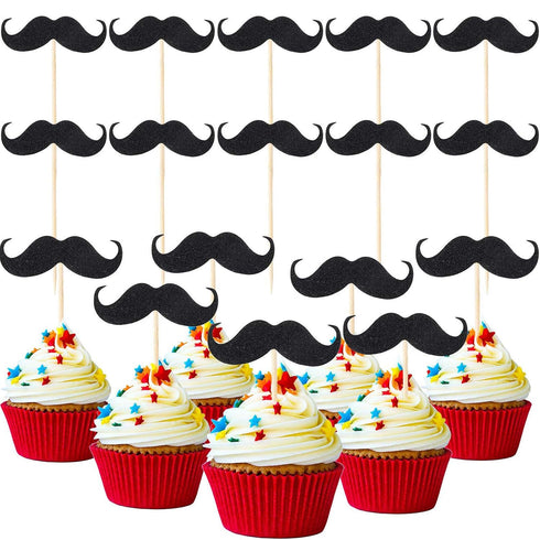 50 Pieces Mustache Cupcake Toppers Mustache Birthday Cake Topper Black Glitter Mustache Dessert Toppers for Baby Shower Kid's Birthday Party Decor...