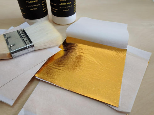 Gold Leaf Kit, Gilding Adhesive Glue & Sealer for Gold Gilding,100ml Gold Size and 100ml Varnish with Imitation Gold Leaf for Craft, Art,Furniture...