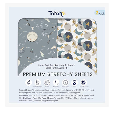 TotAha Space Mini Crib Sheets Fitted, Star & Moon Pack N Play Sheets, Super Stretchy Jersey Knit Playard Sheets, Compatible with Graco Pack N Play...