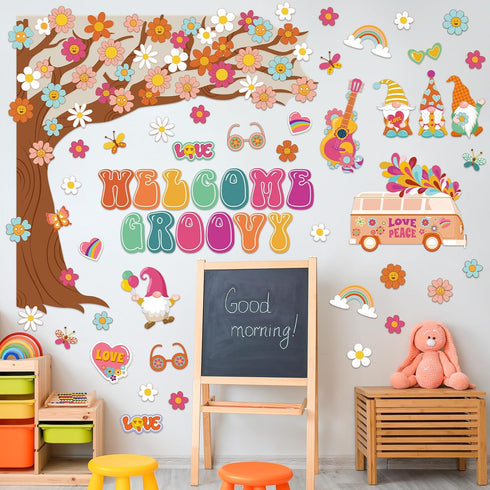 Zonon Retro Welcome Classroom Decorations Boho Groovy Welcome Tree Bulletin Board Set Welcome Hippie Daisy Cutouts for Teachers Kids Preschool Ele...