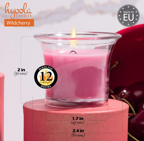 HYOOLA Clear Cup Scented Votive Candles - Wild Cherry - 12 Hour Burn Time - 4 Pack - European Made...