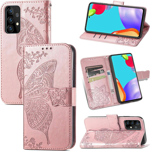 Wallet Case for Galaxy A52 4G/5G,PU Leather Flip Case Cover with Wrist Strap Cash Credit Card Slots Holder Pocket Emboss Butterfly Flower Protecti...