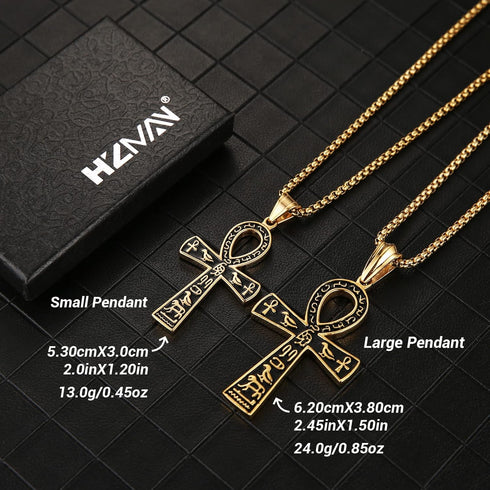 HZMAN Stainless Steel Large Ankh Cross Pendant Ancient Egyptian Hieroglyphic Symbol 22+2 Inch Chain...
