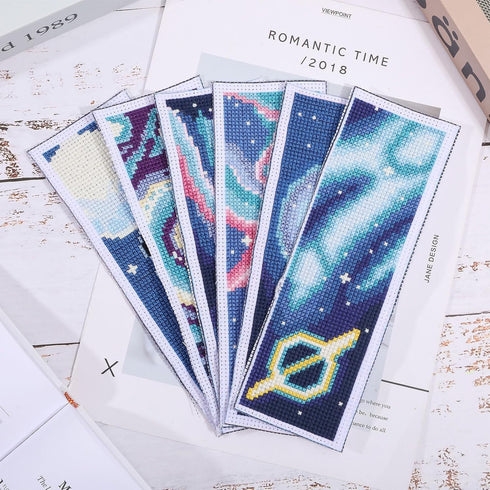 ORIGACH 6 Set Cross Stitch Bookmark Kit for Beginner Starry Sky Pattern DIY Stamped Embroidery Bookmark Kit with 20 Colors Embroidery Floss Instru...