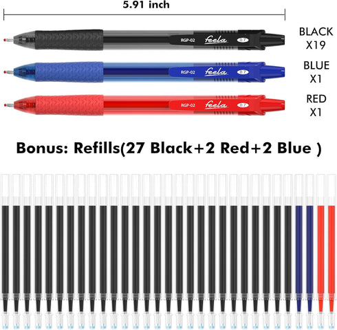 feela 52 Pack Retractable Black Ink Gel Pens, Premium Medium Point Rollerball Pens for School Smooth Writing with Comfort Grip(19 Black with 27 Re...