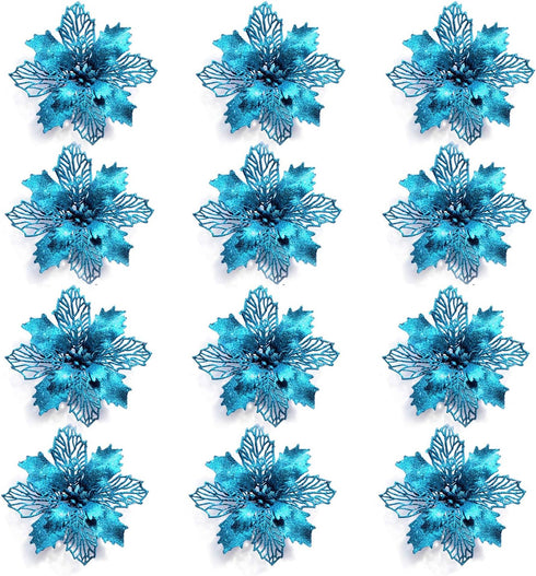 GL-Turelifes 12 Pieces 6.3’’ Glitter Christmas Flowers Lake Blue Poinsettia Artificial Flower Christmas Tree Flowers Wreath Tree Ornaments with 12...