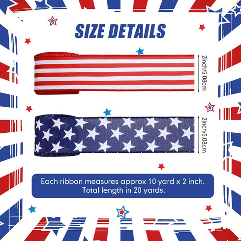 2 Rolls 20 Yard Red White and Blue Ribbon Patriotic Star and Striped Wired Ribbon Royal Blue USA Ribbon DIY Crafts for 4th of July, Independence D...