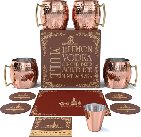 Hammered Moscow Mule Copper Mug Set of 4| Stainless Steel Lining | 16 oz...