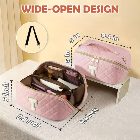 Initial Makeup Bag, Quilted Letter Cosmetic Bag Cute Make Up Bag with Handle Portable Travel Toiletries Bag Pink, Personalized Birthday Gift for W...