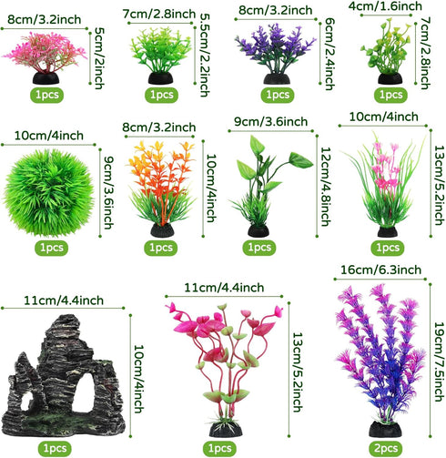 Aquarium Decorations Fish Tank Artificial Plastic Plants, 12pcs Aquarium Decor Plants and Cave Rock Decoration Set Hideout Ornaments, Fish Tank Ac...