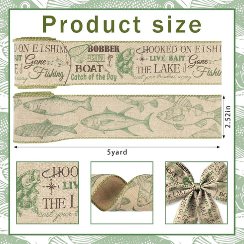 2 Rolls Father's Day Ribbons Wired for Wreath Bows Wrapping Gifts, Burlap Fishing Theme Ribbon for Father's Day Gift Wrapping Birthday Party Decor...