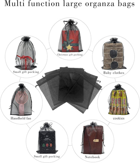 50pcs Sheer Black Organza Gift Bags 8X12 inch Large Mesh Bags Drawstring Jewelry Pouch for Wedding Party Favor Halloween Goodie Candy Treat Bags...