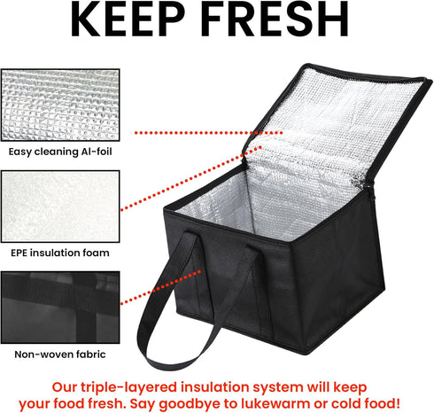 NZ home Insulated Cooler Bag and Food Warmer (Small, 2 pack) for Food Delivery & Grocery Shopping with Zippered Top, Black...