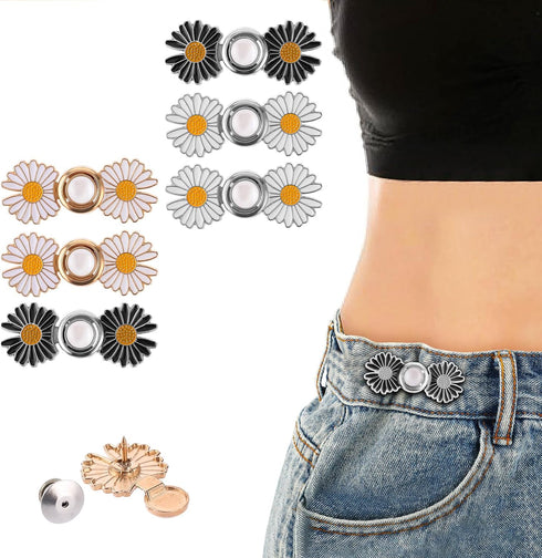 6 Sets Pant Waist Tightener Adjustable Waist Buckle No Sewing Required Jean Buttons for Loose Jeans Daisy Flower Pants Button Tightener...