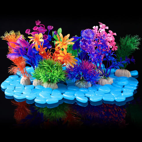 Jexine 100 Pcs Fish Tank Rocks Glow Blue, Fish Tank Stones Accessories Gravel with 10 Pack Artificial Aquatic Plants Fish Tank Plants Plastic Cora...