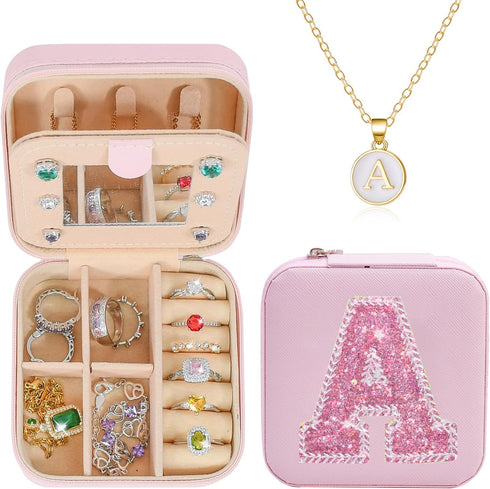 Jewelry Boxes & Organizers| Initial Travel Jewelry Box Case| Gold Initial Necklaces for Women Girls| Personalized Pink Jewelry Organizer| Graduati...