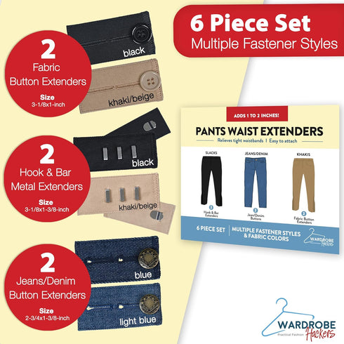 Button Extender for Pants Waist Extenders for Pants for Men and Women (6-Piece Multiple Styles) Adjustable Jeans Button Extender – Black Metal Hoo...