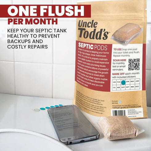 Uncle Todd's Septic Pods - Septic Tank Treatment - 6 Count Six Months Supply - One Flush per Month - Free SMS & Email Reminders - Eco-Friendly and...