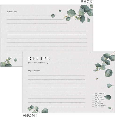 Eucalyptus Recipe Cards from Dashleigh, 48 Cards, 4x6 inches, Vintage Sage Green and Grey, Water-Resistant and Double-Sided...