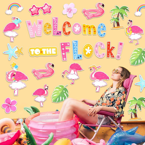 HOWAF 56pcs Flamingo Cutouts, Hawaii Flamingo Themed Welcome Paper Cut Outs with Dot Glues for School Classroom Bulletin Board Decoration, Summer ...
