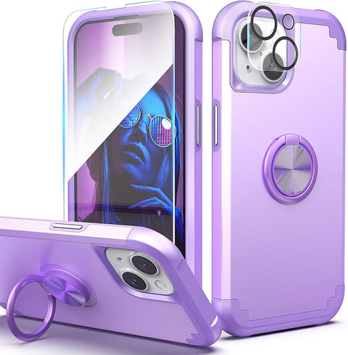 IDweel for iPhone 13 Case with Screen Protector + 360°Ring Holder Stand + Camera Lens Protector,2 in 1 Shockproof Slim Fit Hybrid Heavy Duty Hard ...