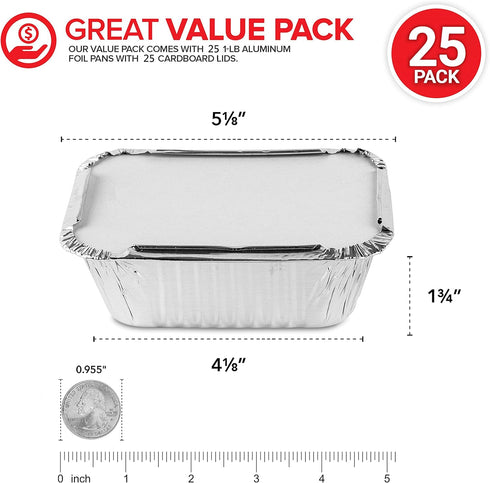 Stock Your Home 1 Lb Aluminum Disposable Cookware With Lids (25 Pack) - Foil Pans Cardboard Lids - Disposable & Recyclable Takeout Trays With Lids...