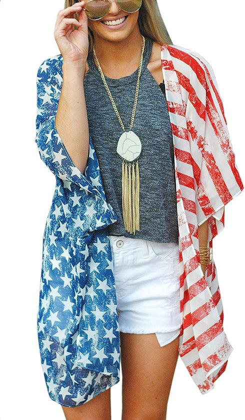 4th of July Women's American Flag Print Kimono Cover Up Tops Shirt Patriotic Cardigan (one Size, Picture Color)...